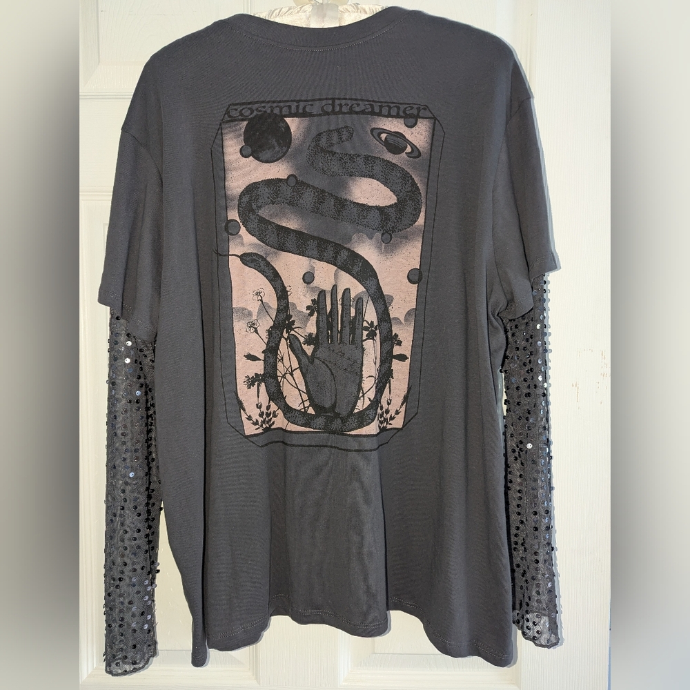 NWT Torrid Sheer Sequin Sleeves Cosmic Dreamer Top -Size 1  🌌💫🌠(14-16)